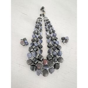 Vintage Germany Black Acrylic Beaded Multistrand Choker Necklace and Earring Set